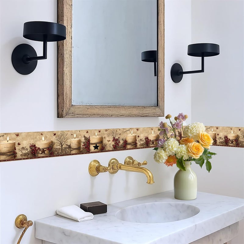 IOHEFY Rustic Farmhouse Wallpaper Border Peel and Stick 196x4 Inch Removable Wall Border Vintage Candle Floral Wall Trim for Kitchen Bathroom Living Room Country Home Decor - Image 5